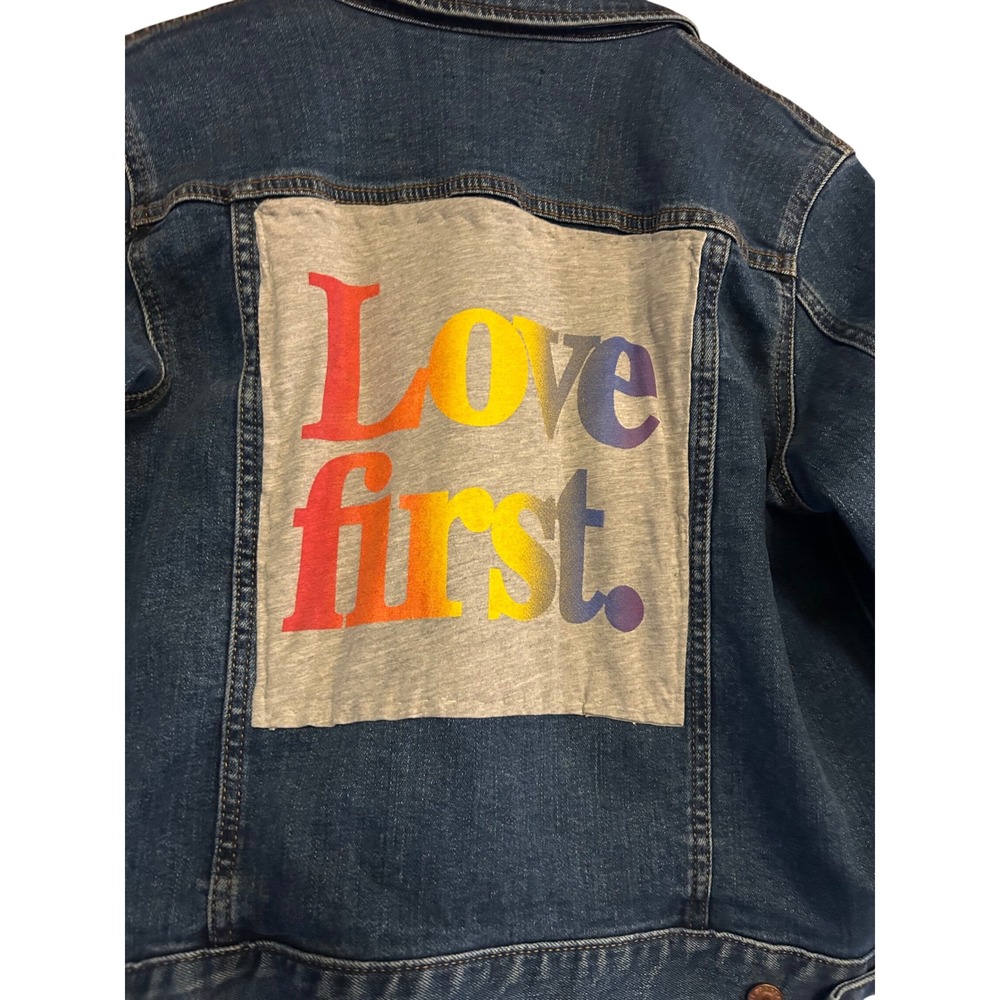 J. Crew Mercantile Jean Jacket Blue Sz M with Love First Back Hit On Jacket Back - Picture 3 of 4